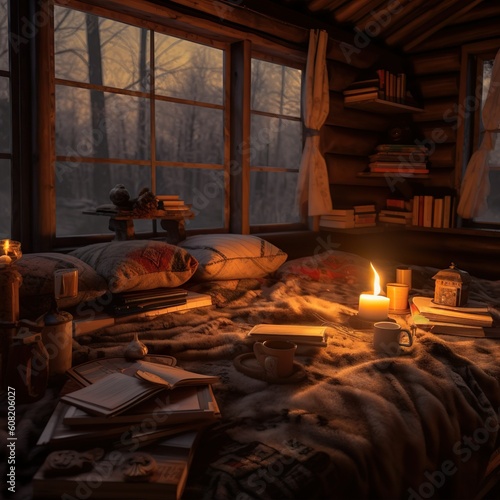 fireplace in the cabine, cabin in the wood, romantic mood, ai generated © Alina Young