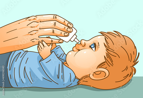 Sick child. The hand holds medical drops and instills them onto the child's nose. Medical procedure.  Healthcare illustration, medical illustration. Vector illustration. 