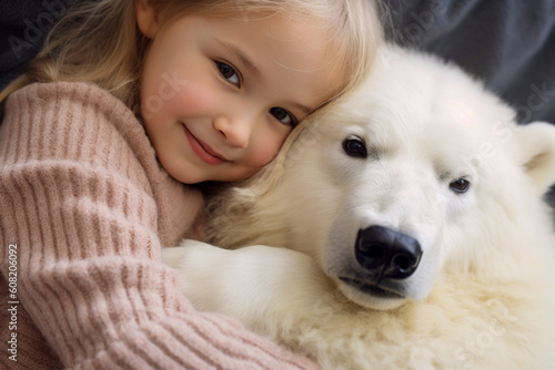 Little girl cuddling her polar bear puppy, pampering him by taking care of him - ai generative © Giordano Aita