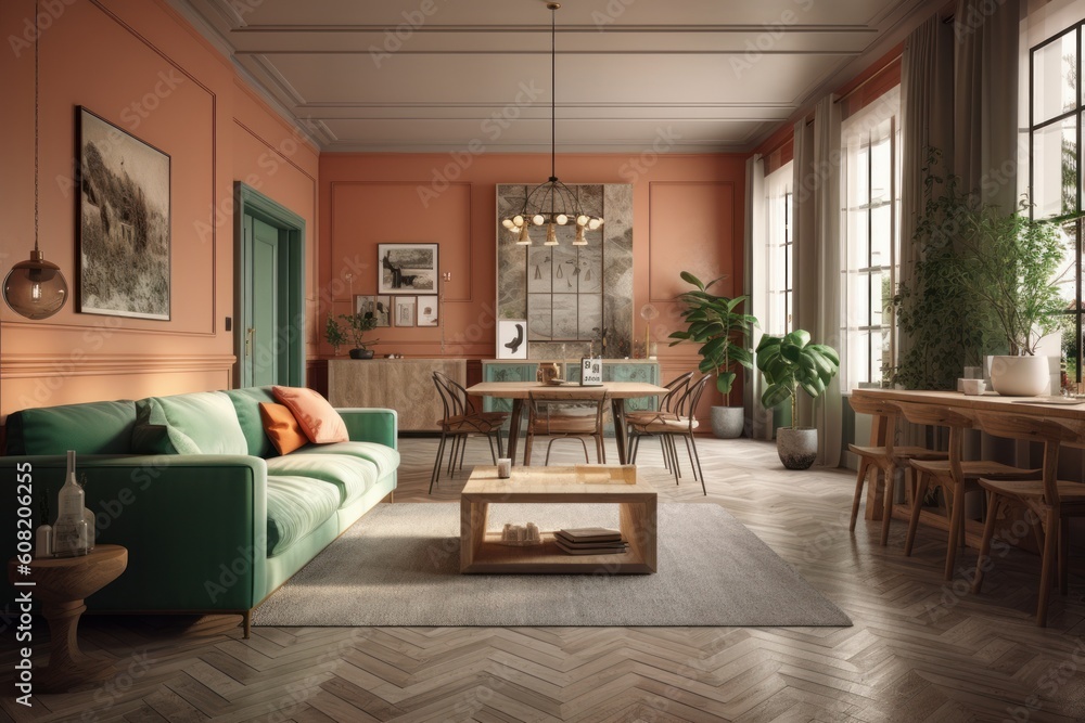 Modern living room with dining area. Comfortable sofas, armchairs, a coffee table, posters on the walls, a vintage carpet on the parquet floor. The combination of trendy green and pink Generative AI Modern living room with dining area. Comfortable sofas, armchairs, a coffee table, posters on the walls, a vintage carpet on the parquet floor. The combination of trendy green and pink Generative AI