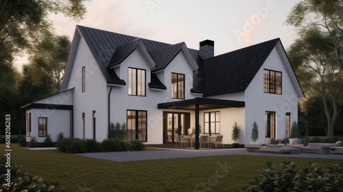Large modern two-storey country house in European Scandinavian style with white walls and black roof. A neatly trimmed lawn, tall trees, soft sunset light. Generative AI