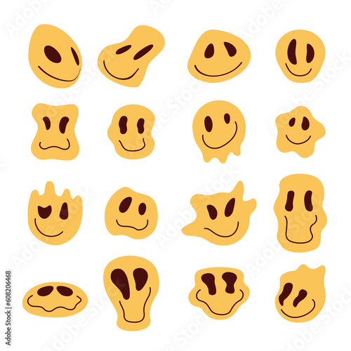 Distorted emoticons psychedelic yellow emoji dripping smile frown angry feelings set vector flat photo