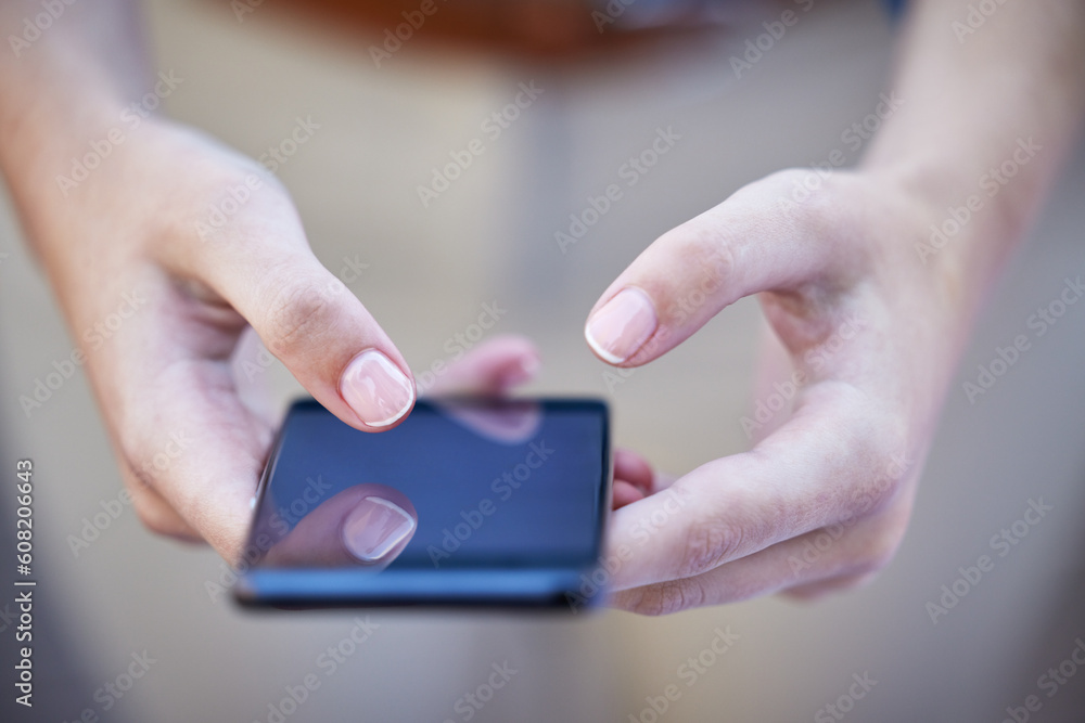 Hands, phone and communication with a woman typing a text message closeup on a blurred background. Mobile, networking and social media with a female person reading a text or browsing alone outdoor Hands, phone and communication with a woman typing a text message closeup on a blurred background. Mobile, networking and social media with a female person reading a text or browsing alone outdoor