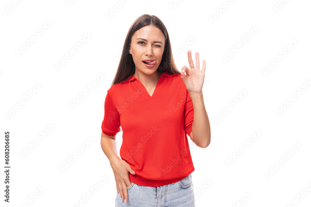 pretty caucasian woman with black hair wearing red blouse with v-neck isolated on white background with copy space pretty caucasian woman with black hair wearing red blouse with v-neck isolated on white background with copy space