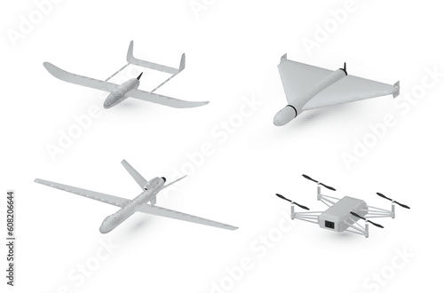 Military drones munition air kamikaze attack set realistic vector spy security aerial surveillance