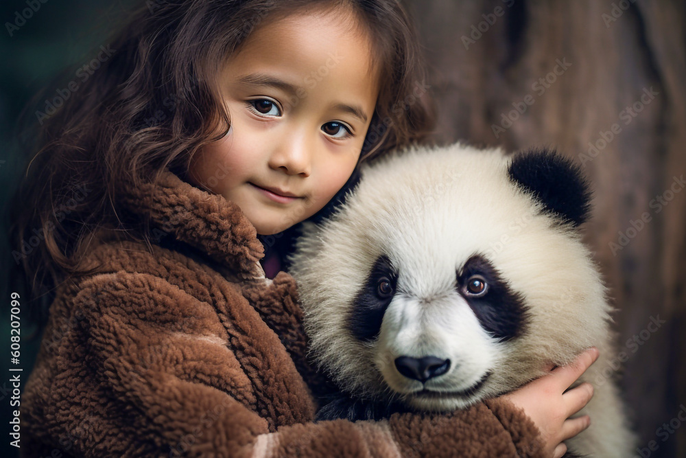 Little girl cuddling her panda puppy, pampering him by taking care of him - ai generative Little girl cuddling her panda puppy, pampering him by taking care of him - ai generative