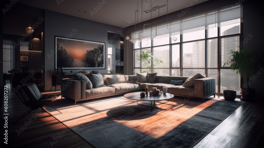 Fototapeta premium Elite apartment in a modern house with panoramic windows and a city view. Leather sofa and armchair, coffee table, wooden floor, paintings on the walls. Luxurious accommodation. Generative AI