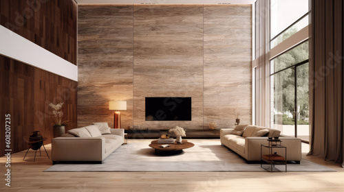 Generative ai illustration of luxurious interior with marble wall and television © pbombaert