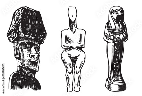 Graphical set of landmarks, vector  God ptah,  holy mother statue and moai isolated on white