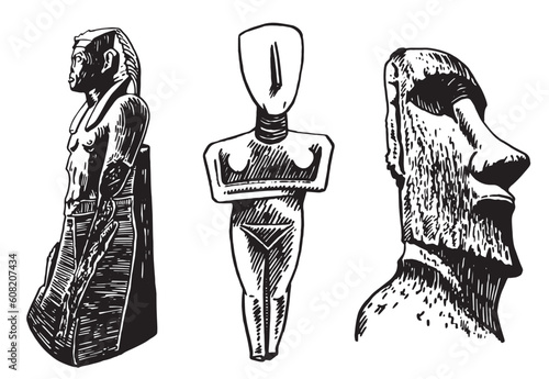 Graphical set of landmarks, vector  holy mother statue,  Pharaoh and moai isolated on white