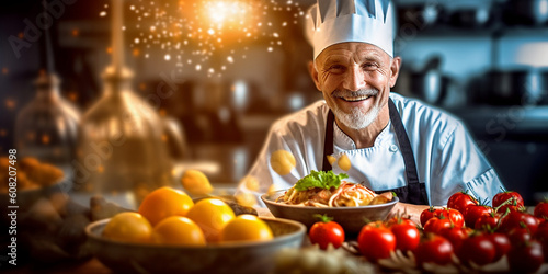 Mann als Koch mit Kochmütze im mittleren Alter mit Bart lacht beim kochen in der Küche, ai generativ photo