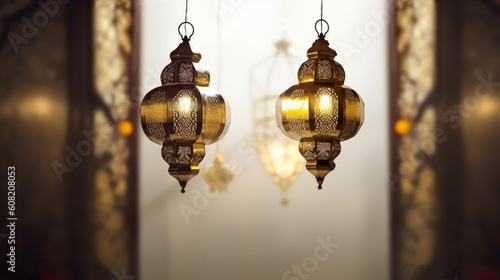 islamic background with moon lanterns and mosque for ramadan eid ul fitr and eid al adha eid milad muharram generative ai photo