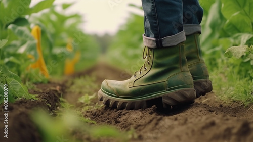 farmer walking walking in field green plants, Generative AI