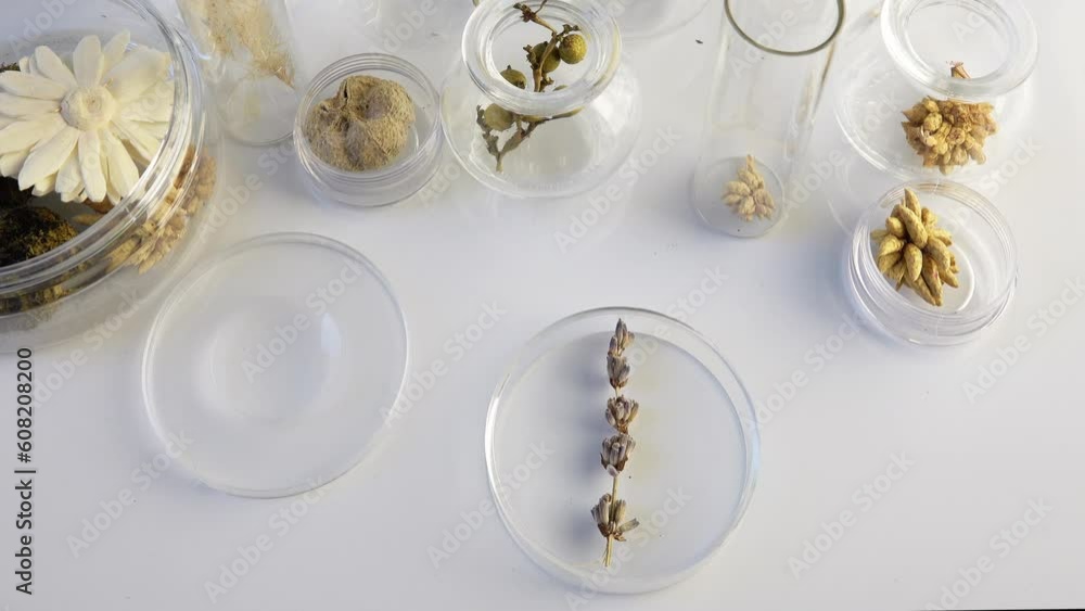 Petri dish with dry lavander flower on table with test tubes with dry plants Petri dish with dry lavander flower on table with test tubes with dry plants