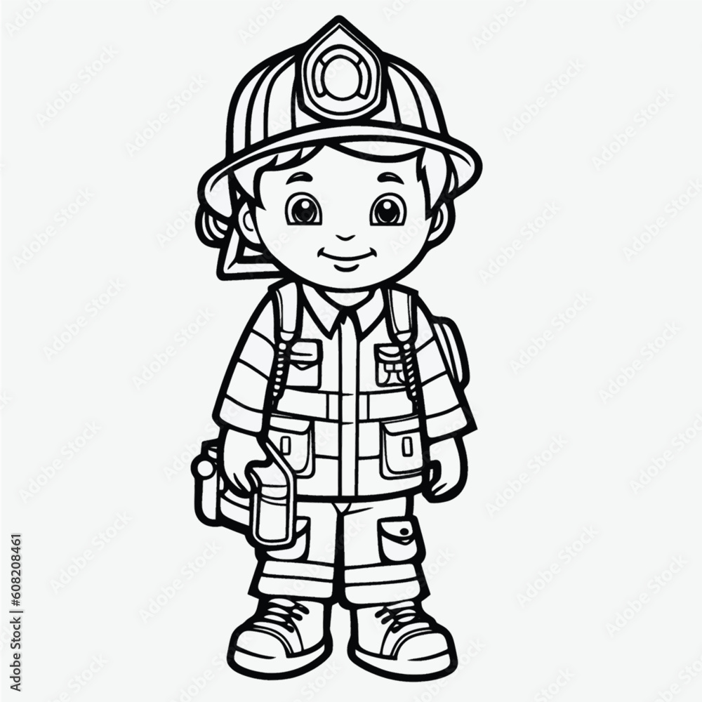 Black and White Firefighter Coloring Page: Minimalistic Illustration for Kids