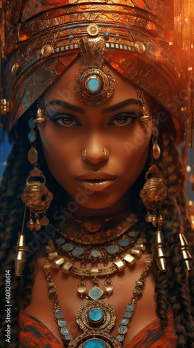 Hübsche Afrikanische Frau mit Ägyptischen Kopfschmuck und großen Ohrringen, ai generativ