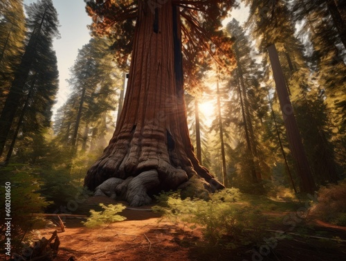 huge sequoia redwood tree (sequoiadendron giganteum) in forest during sunrise or sunset, generative ai