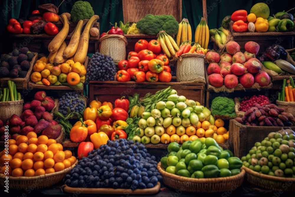 A bustling fresh market with rows of colorful fruits and vegetables. Generative AI