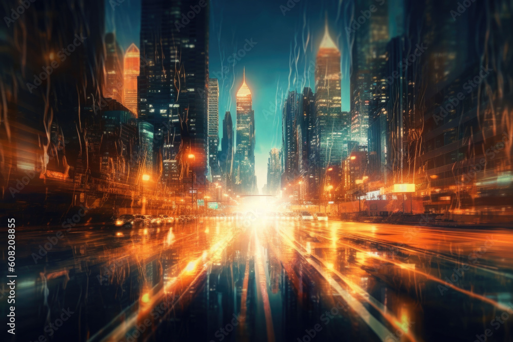 The light trails on the modern buildings background. Abstract motion blur city. Generative AI