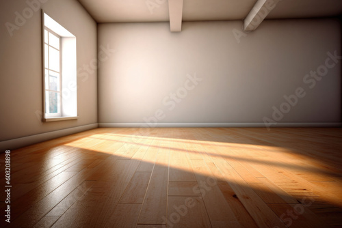 Living room with sunlight shine through a sliding door  wooden floor  white wall. Generative AI