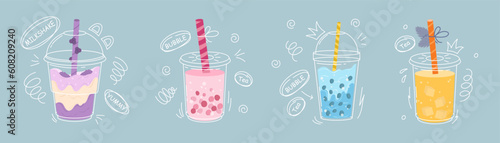 Set of four different Bubble tea. Milk tea with tapioca pearls. Boba tea. Asian Taiwanese drink. Hand drawn colored trendy vector illustration. Cartoon style. Flat design. All elements are isolated