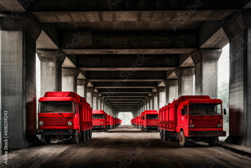 Red trucks under a highway overpass. Generative AI