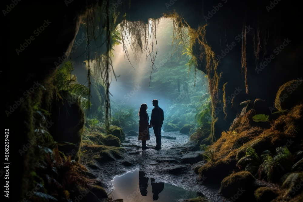 Couple in a mystical place with his back to the camera. Lovers photographed in contrajour in front of a cave entrance. Generative AI 1
Couple in a mystical place with his back to the camera. Lovers photographed in contrajour in front of a cave entrance. Generative AI 1