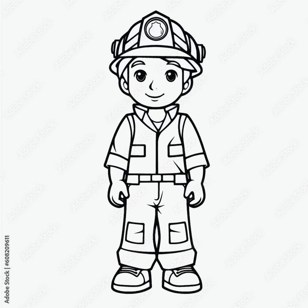Cute Firefighter Coloring Page: Full Body Shot with Simple Outline for Kids Cute Firefighter Coloring Page: Full Body Shot with Simple Outline for Kids