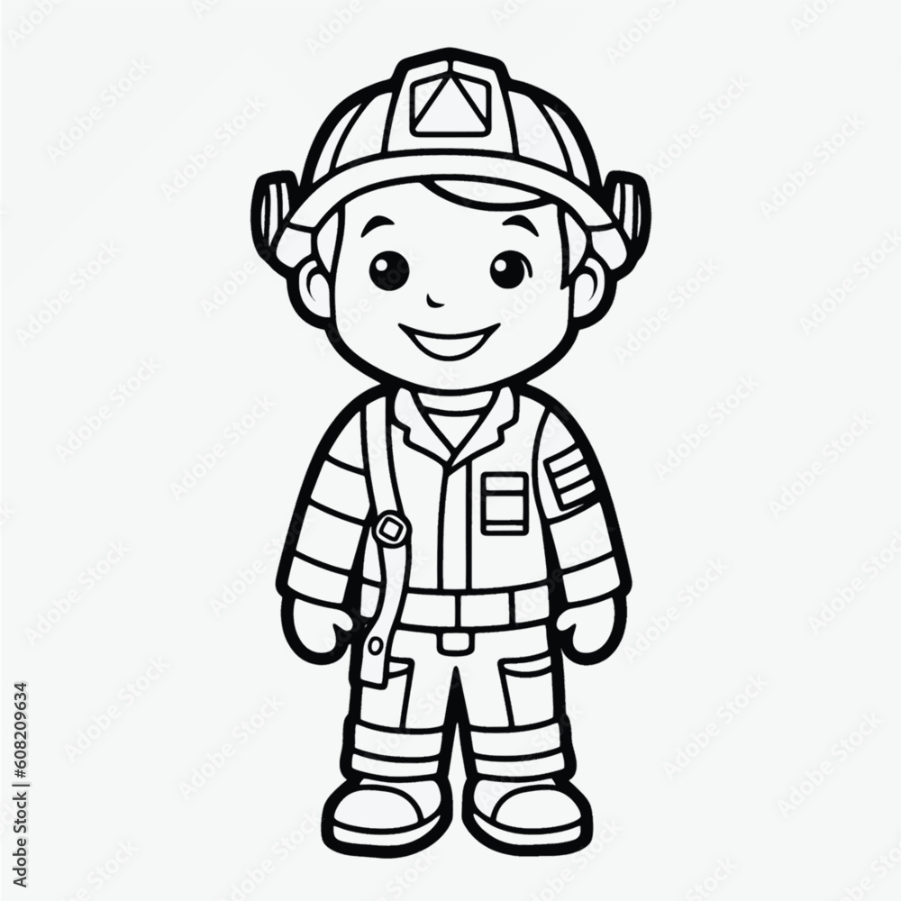 Cute Firefighter Coloring Page: Full Body Shot with Simple Outline for Kids Cute Firefighter Coloring Page: Full Body Shot with Simple Outline for Kids
