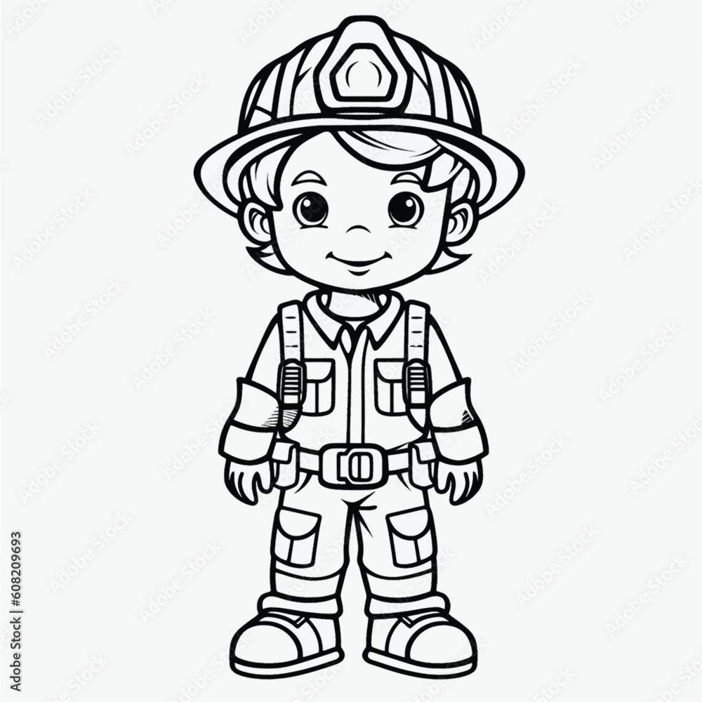 Cute Firefighter Coloring Page: Full Body Shot with Simple Outline for Kids Cute Firefighter Coloring Page: Full Body Shot with Simple Outline for Kids