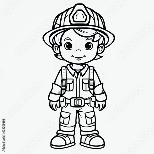 Cute Firefighter Coloring Page: Full Body Shot with Simple Outline for Kids