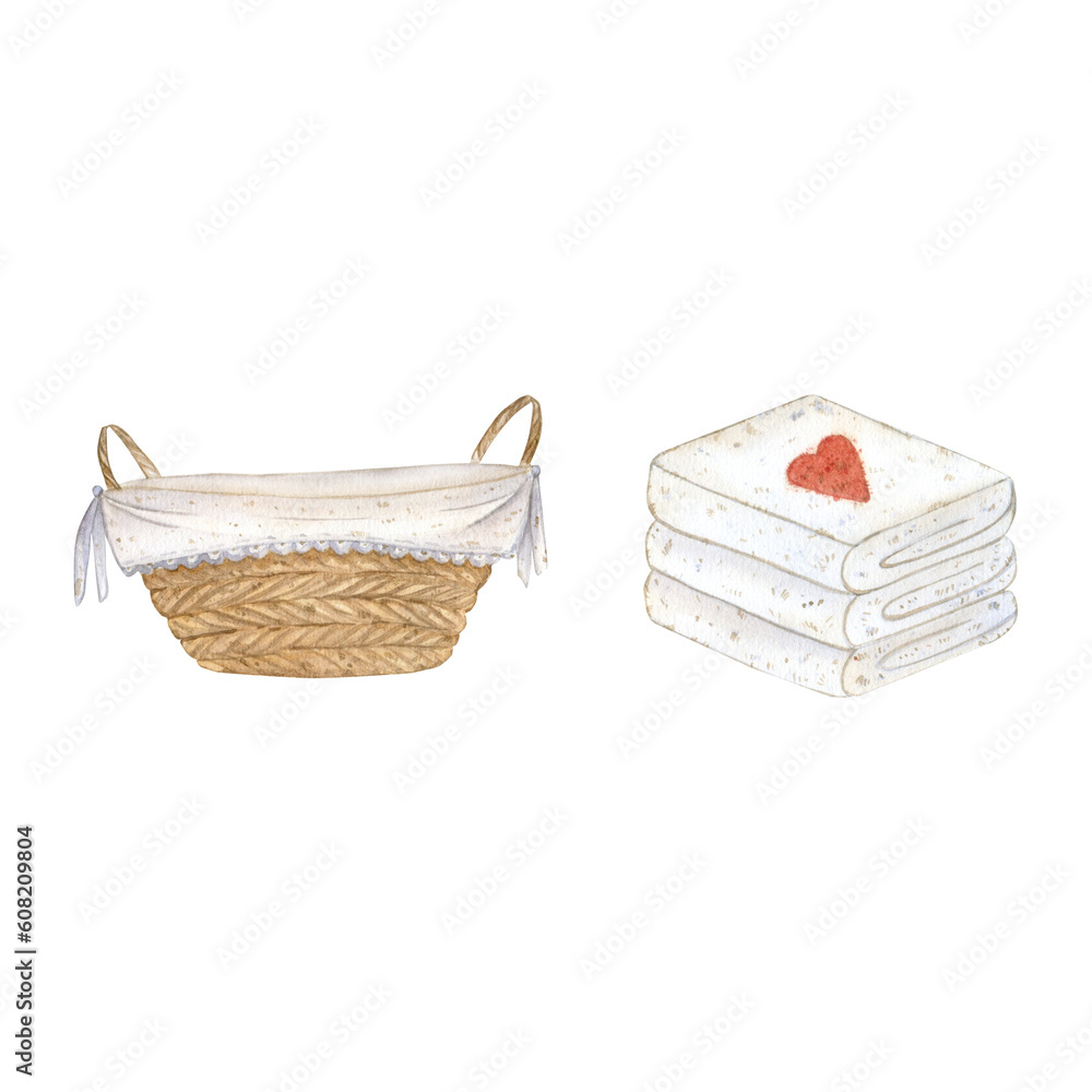 A set of a wicker basket with fabric and handles and a stack of white terry towels. Watercolor illustration isolated on a white background. Suitable for the design of postcards, invitations, logo