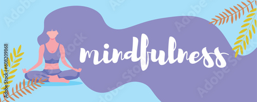 Meditating woman on blue background. Mindfulness concept