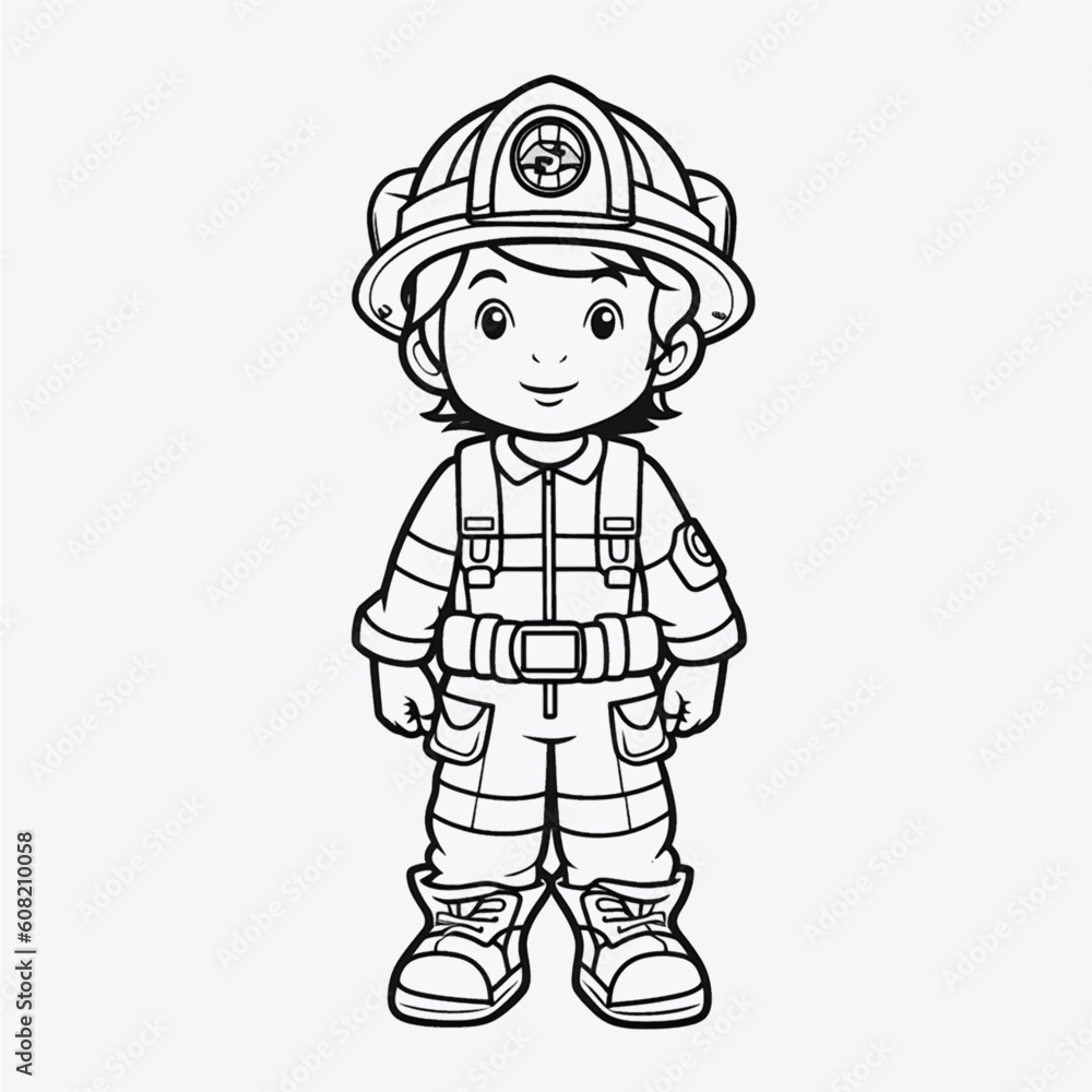 Beautiful Firefighter Coloring Page: Simple Black and White Illustration for Kids Beautiful Firefighter Coloring Page: Simple Black and White Illustration for Kids