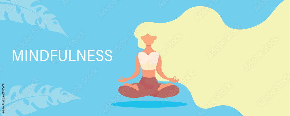 Meditating woman on blue background. Mindfulness concept