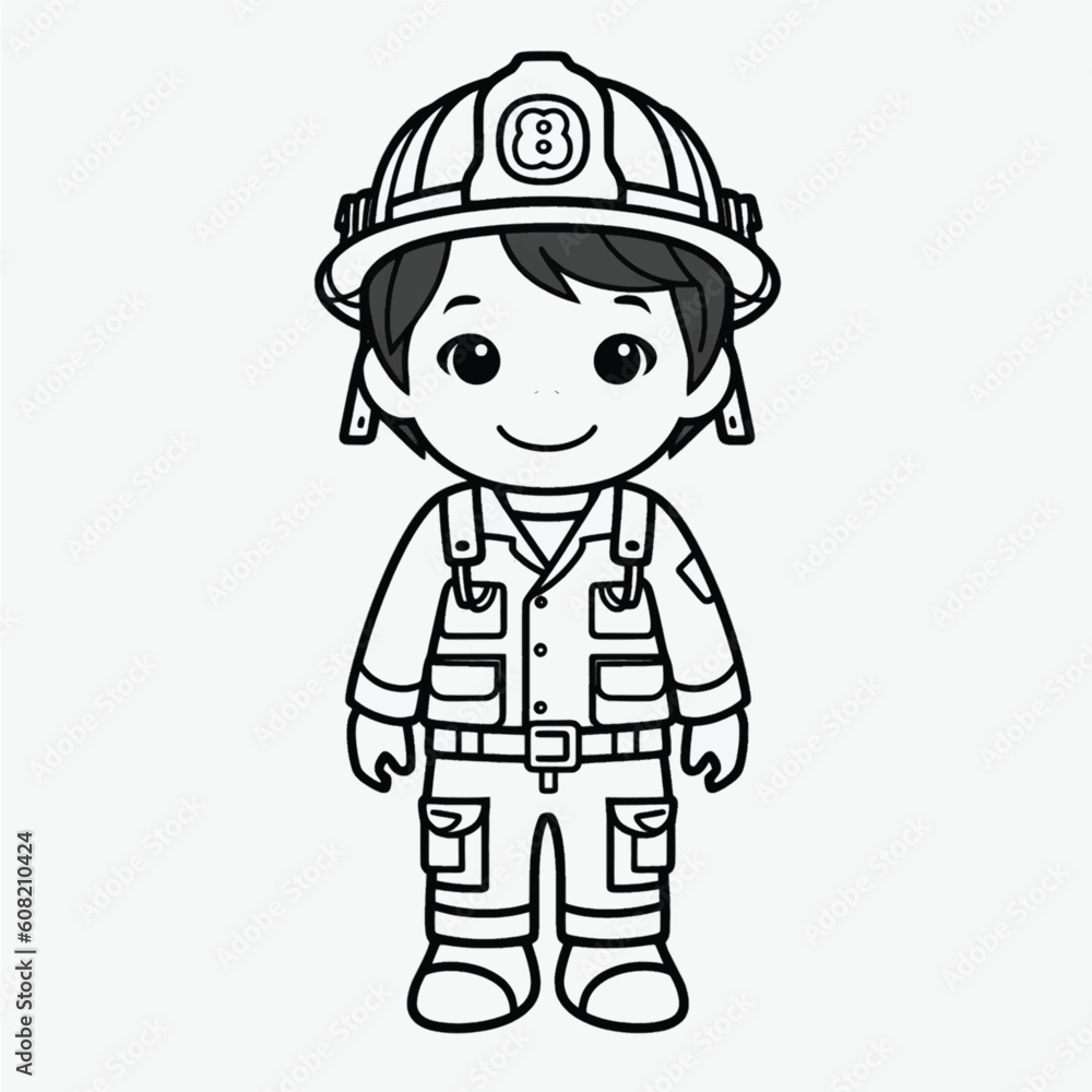 Beautiful Firefighter Coloring Page: Simple Black and White Illustration for Kids Beautiful Firefighter Coloring Page: Simple Black and White Illustration for Kids