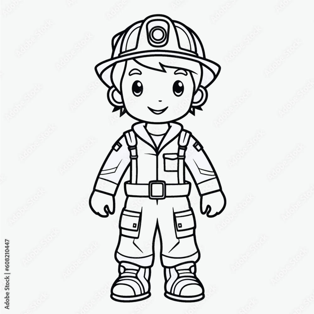 Beautiful Firefighter Coloring Page: Simple Black and White Illustration for Kids Beautiful Firefighter Coloring Page: Simple Black and White Illustration for Kids
