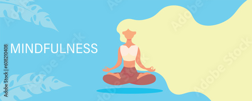 Meditating woman on blue background. Mindfulness concept