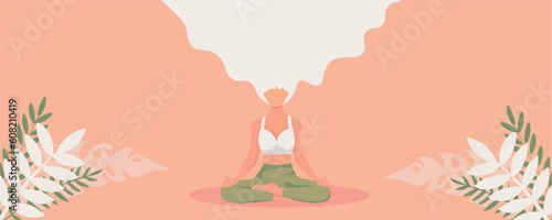 Meditating woman on beige background. Mindfulness concept
