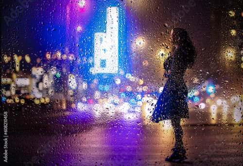 iew through glass window with rain drops on blurred reflection silhouette of a girl on a city street after rain and colorful neon bokeh city lights, night street scene. Focus on raindrops on glass	 photo