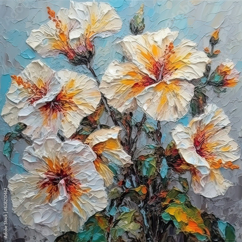 Oil painting of hibiscus flower created with Generative AI technology