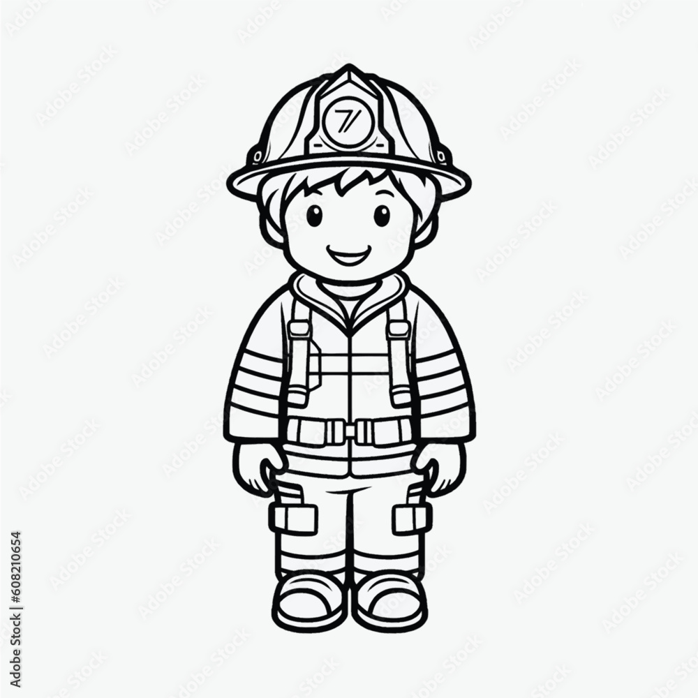 Beautiful Firefighter Coloring Page: Simple Black and White Illustration for Kids Beautiful Firefighter Coloring Page: Simple Black and White Illustration for Kids