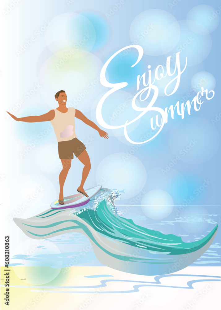 Series of summer backgrounds with summer activities: surfer on the ocean wave. Fashion people on the beach. Hand drawn vector illustration.