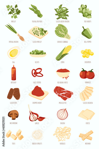 Hand drawn vintage poster of cooking ingredients or groceries sort by color. Sandwich salad noodles soup feelings elements and components for recipe design. Food sketches set. Vector illustration.