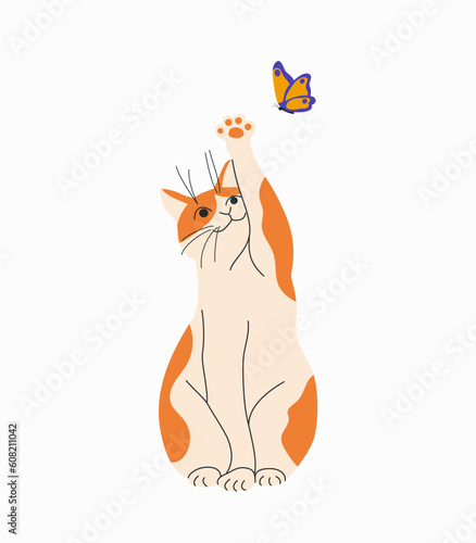Cat catching a butterfly isolated. Vector flat style illustration