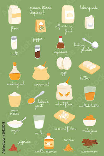 Baking ingredients poster. Hand drawn cooking elements set. Flour spices butter milk eggs and other components for recipe design. Can be used as flash card. Vector illustration.