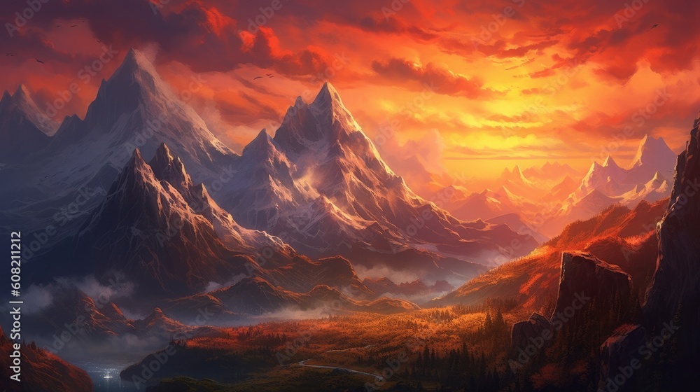 sunset in the mountains. Generative AI sunset in the mountains. Generative AI