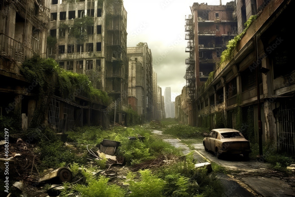 An image depicting a deserted city with overgrown vegetation and abandoned buildings, capturing the post-apocalyptic atmosphere. Generative Ai