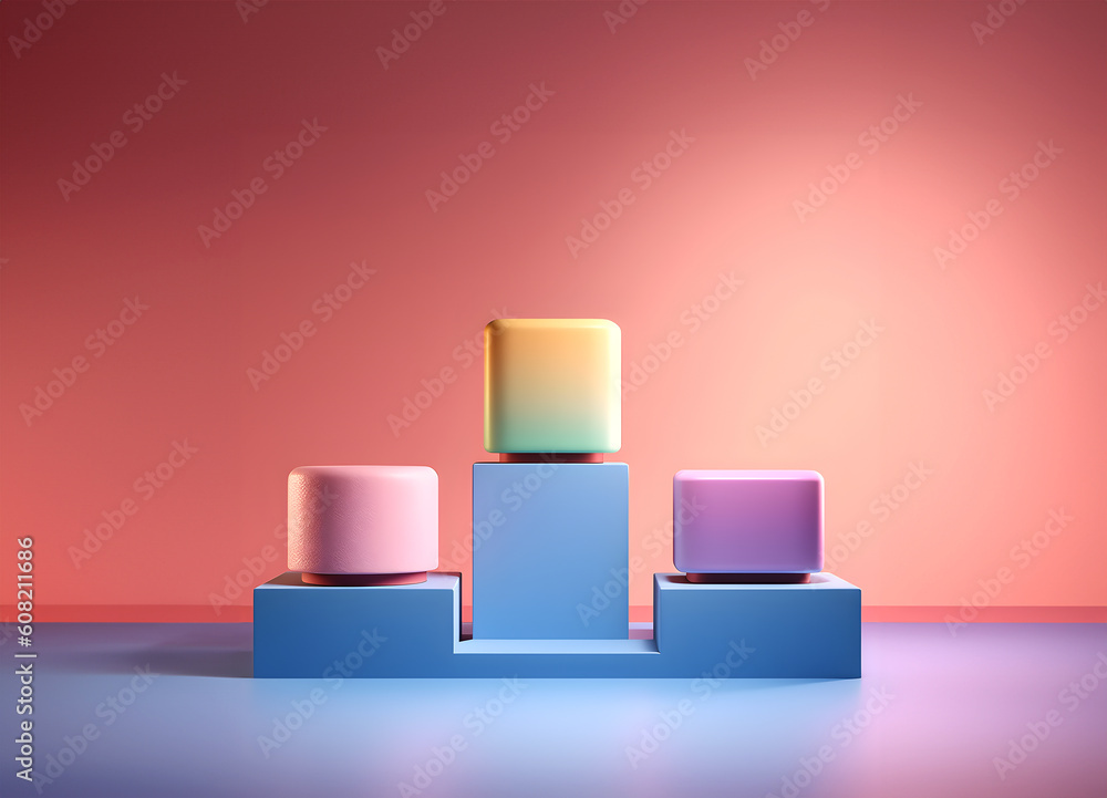Abstract minimal concept. Pastel multi colour background with podium, abstract geometric cube landscape. Mock up template for product presentation. copy text space Abstract minimal concept. Pastel multi colour background with podium, abstract geometric cube landscape. Mock up template for product presentation. copy text space