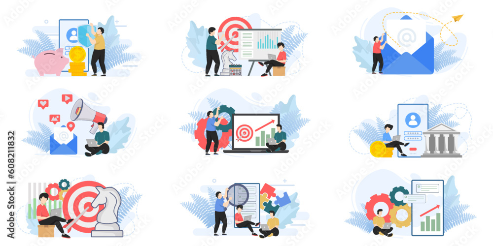 Fototapeta premium Set of web page design templates for business management, Email Marketing. team building, team building web page composition with people characters. Modern vector illustration concepts
